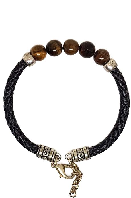 Armband aus echt Leder mit Tigeraugen Perlen von Lanzarote (Handarbeit)